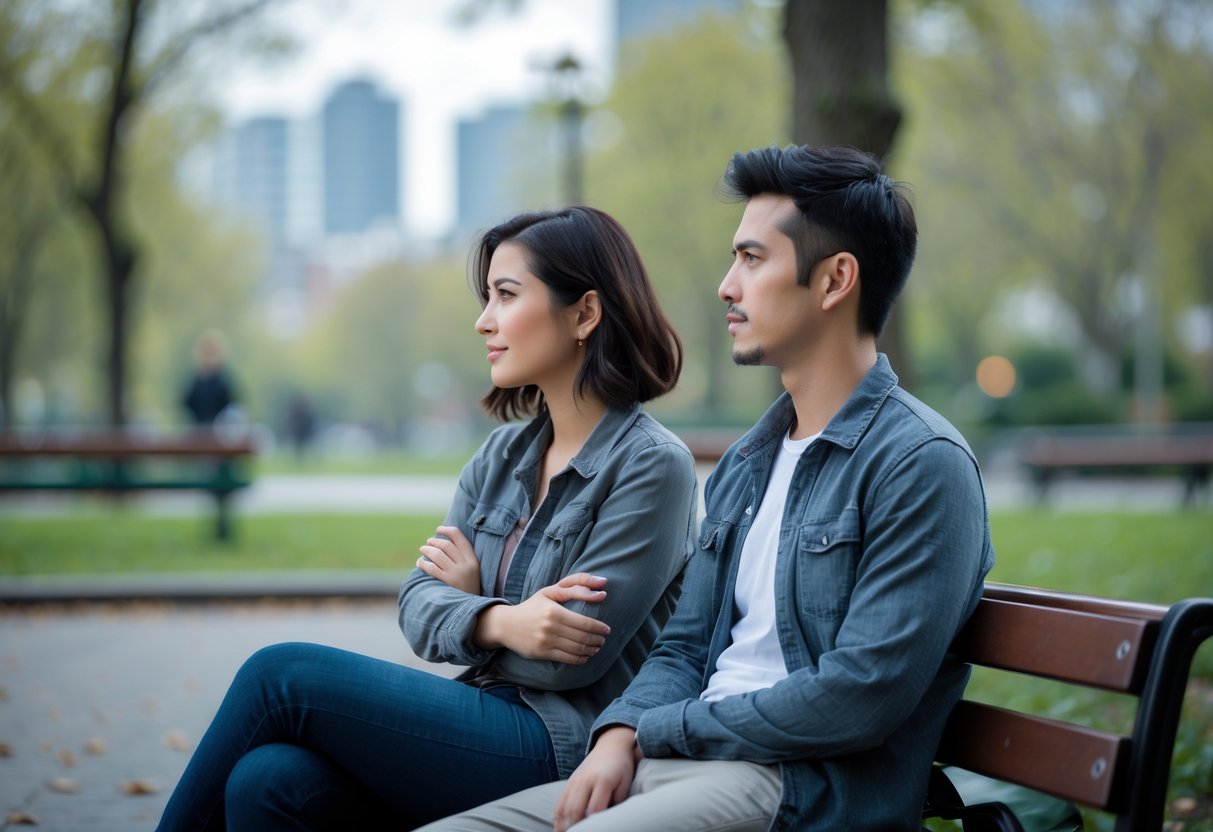 A young adult couple sitting apart on a park bench, looking away from each other with thoughtful expressions in an urban park.