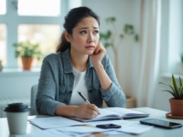 A young woman sitting at a desk looking thoughtful with a notebook and pen in front of her.