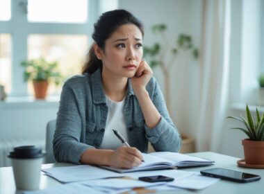 A young woman sitting at a desk looking thoughtful with a notebook and pen in front of her.