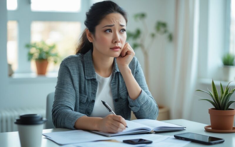 A young woman sitting at a desk looking thoughtful with a notebook and pen in front of her.