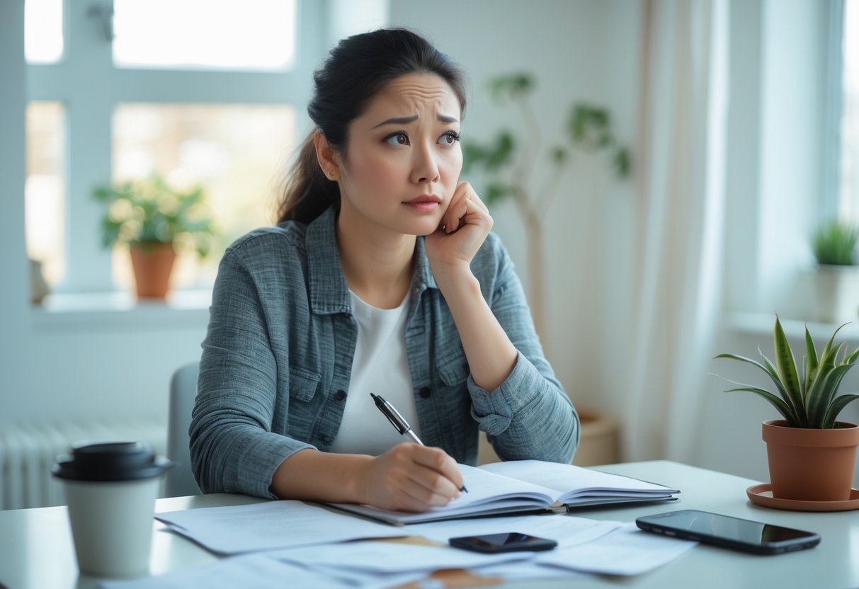 A young woman sitting at a desk looking thoughtful with a notebook and pen in front of her.