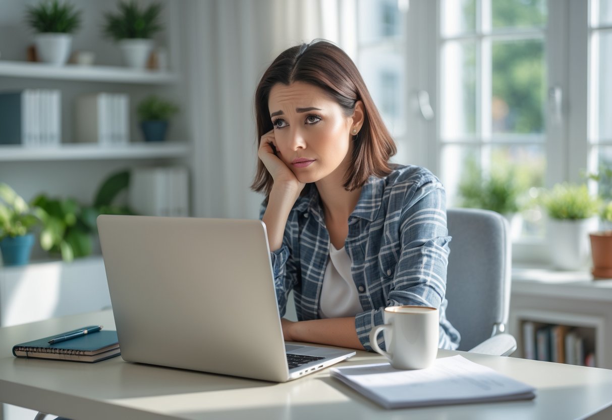 A young woman sitting at a desk looking thoughtfully at her laptop in a cozy home office.