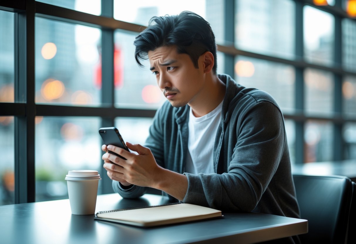A young adult sitting alone at a café table, looking contemplative while holding a smartphone.