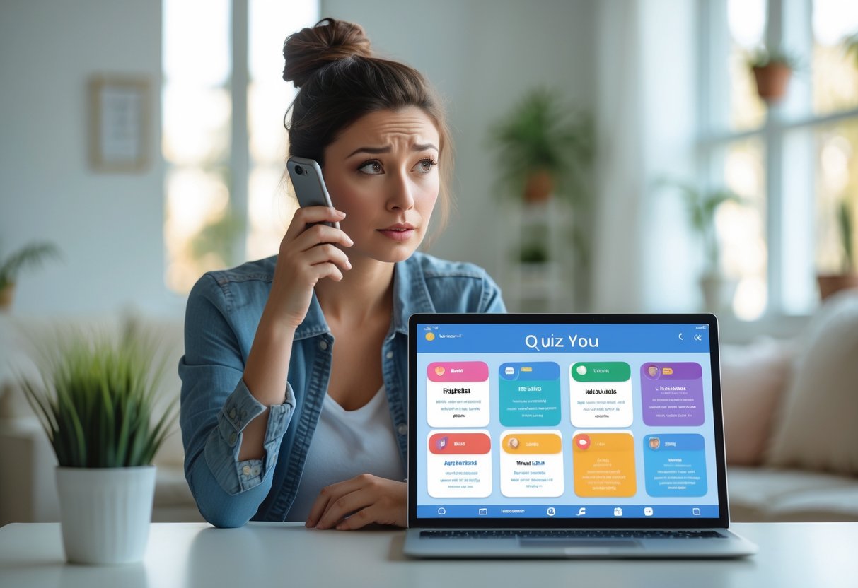 A young woman sitting at a desk looking thoughtfully at her smartphone, with a laptop open in front of her in a bright living room.