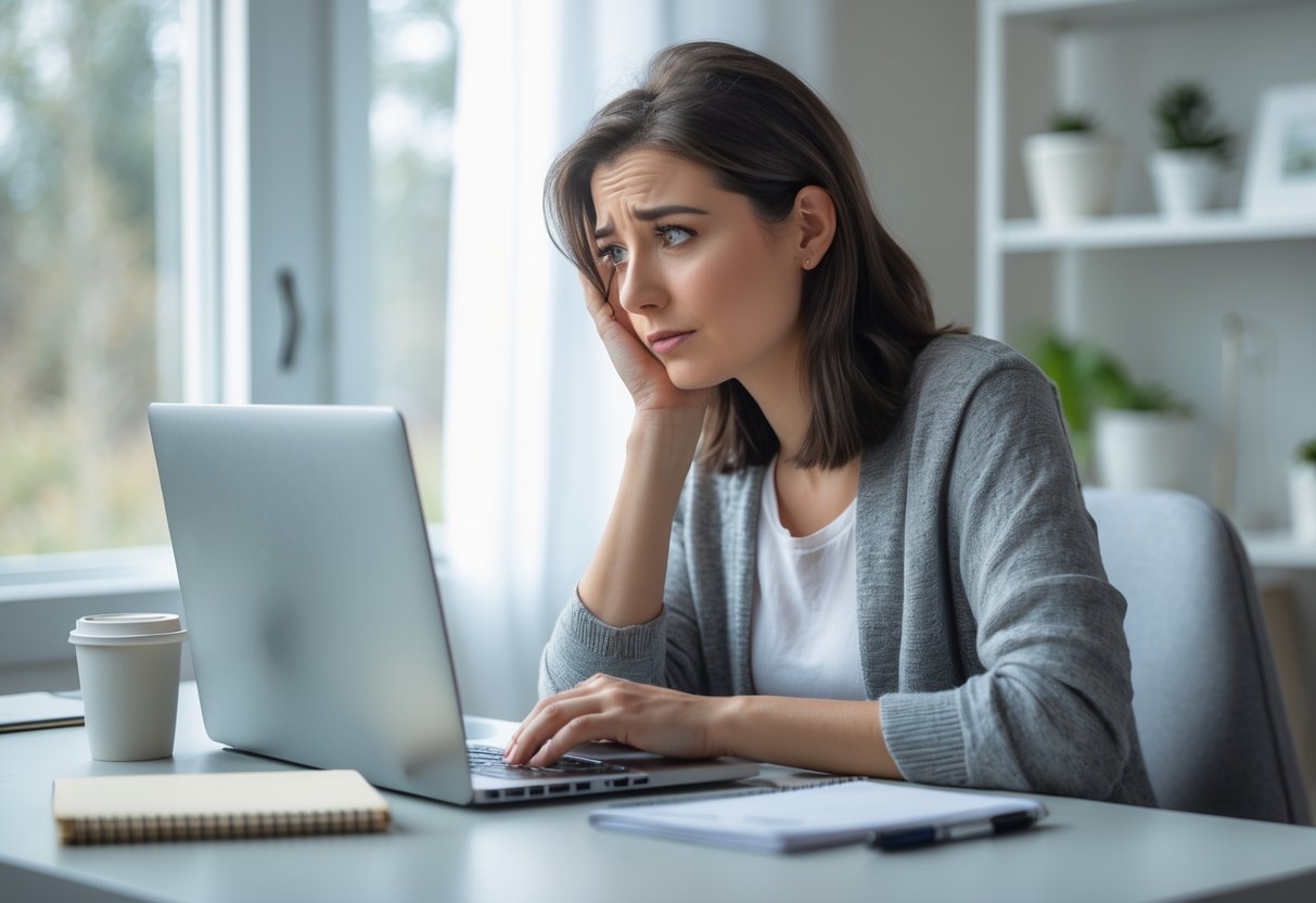 A young woman sitting at a desk looking thoughtfully at a laptop in a bright home office.