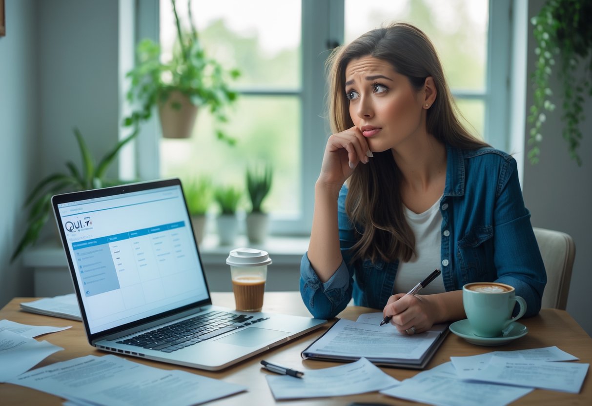 A young woman sitting at a desk looking thoughtful with a notebook and laptop in front of her in a cozy room.