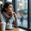 A young woman sitting alone at a coffee shop table, looking thoughtfully out the window while holding a cup of coffee.