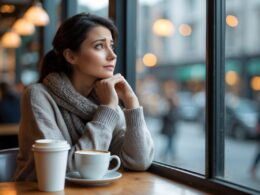 A young woman sitting alone at a coffee shop table, looking thoughtfully out the window while holding a cup of coffee.