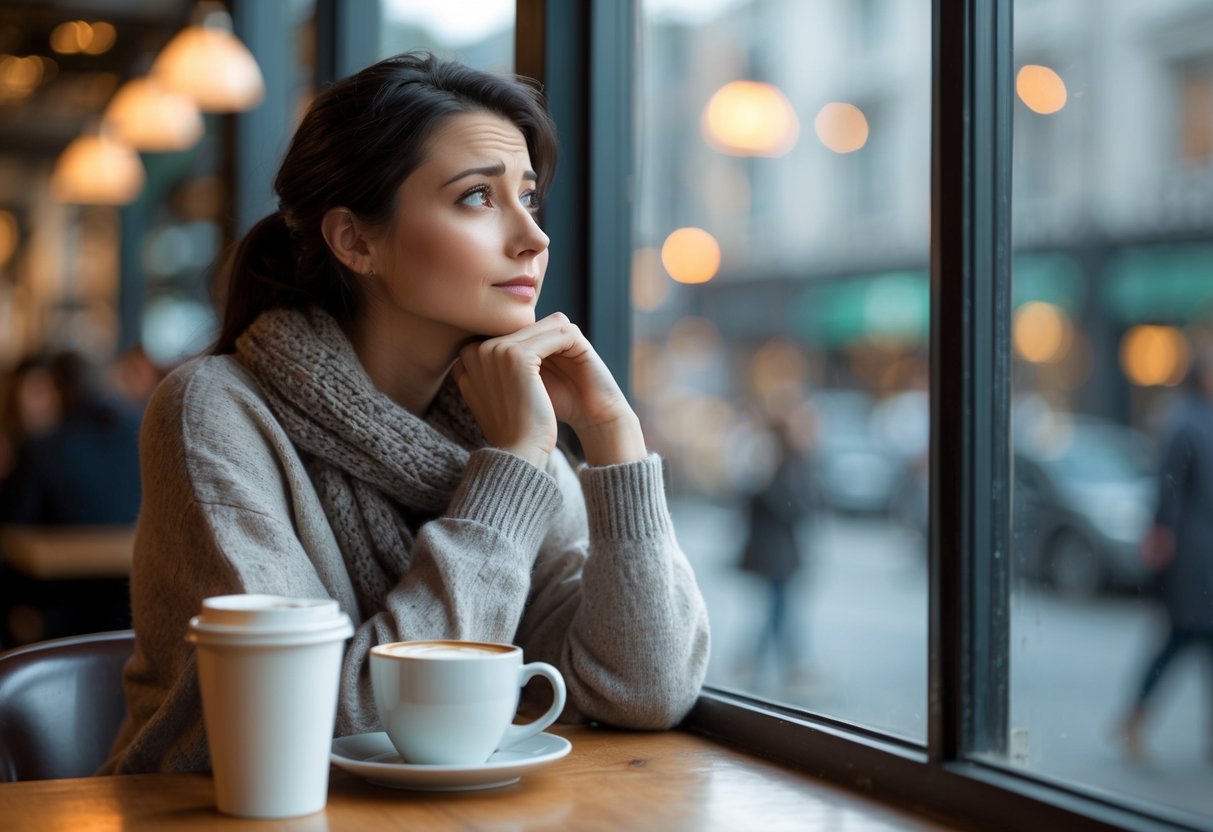 A young woman sitting alone at a coffee shop table, looking thoughtfully out the window while holding a cup of coffee.