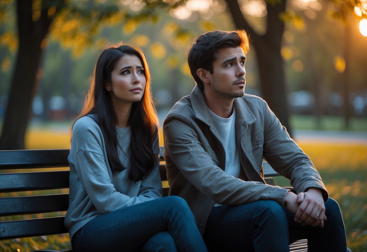 A young couple sitting on a park bench looking thoughtful and uncertain, surrounded by trees and warm sunlight.