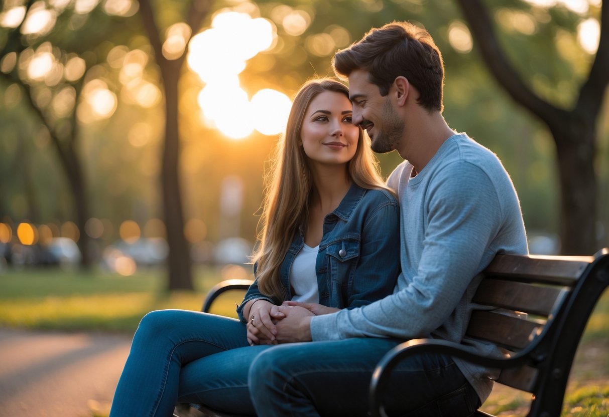 A young couple sitting closely on a park bench, holding hands and looking at each other with thoughtful expressions.