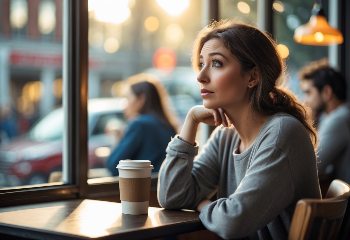 A young woman sitting alone at a coffee shop table, looking thoughtfully out the window while holding a cup of coffee.