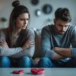 A young couple sitting apart in a living room, looking tense and disconnected with a broken heart-shaped object on the table between them.