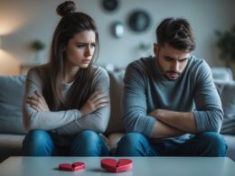 A young couple sitting apart in a living room, looking tense and disconnected with a broken heart-shaped object on the table between them.