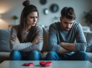 A young couple sitting apart in a living room, looking tense and disconnected with a broken heart-shaped object on the table between them.