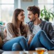 A young couple sitting closely on a couch, sharing a warm and intimate conversation in a cozy living room.