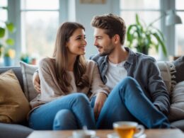 A young couple sitting closely on a couch, sharing a warm and intimate conversation in a cozy living room.