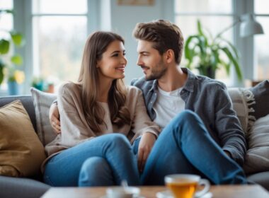 A young couple sitting closely on a couch, sharing a warm and intimate conversation in a cozy living room.