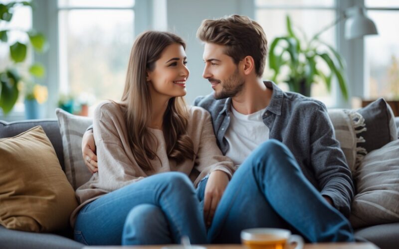 A young couple sitting closely on a couch, sharing a warm and intimate conversation in a cozy living room.