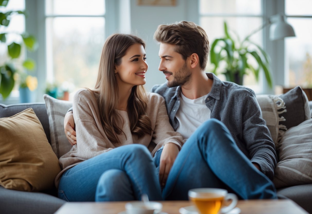 A young couple sitting closely on a couch, sharing a warm and intimate conversation in a cozy living room.