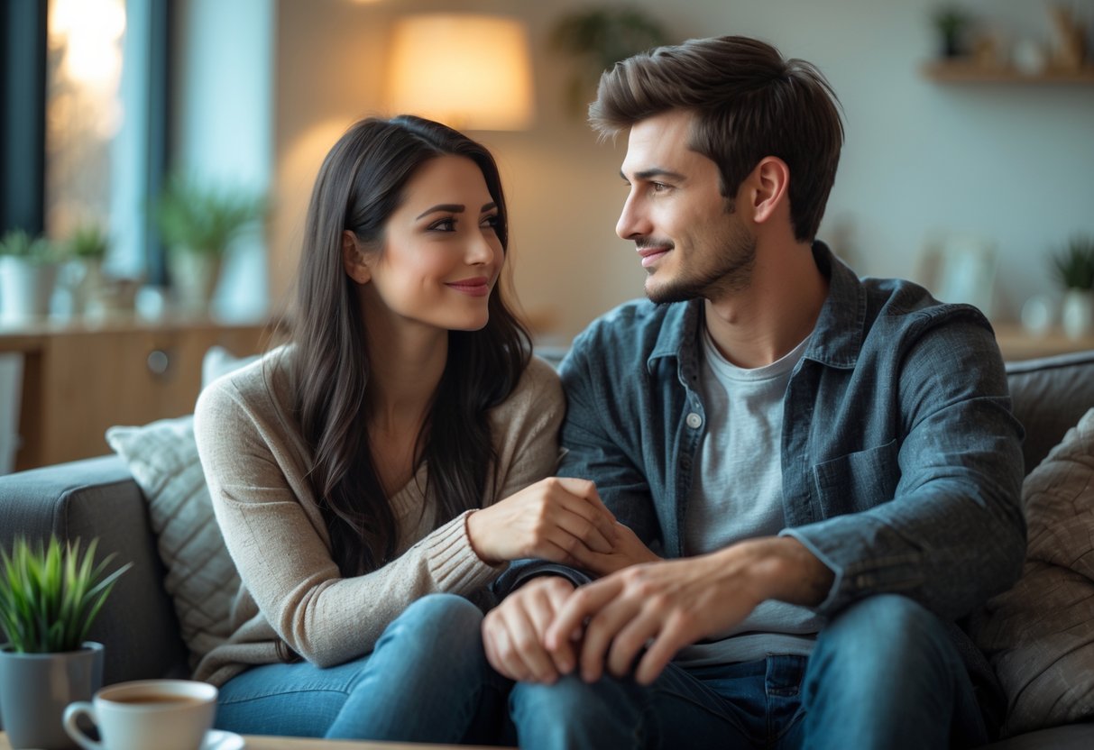 A young couple sitting closely on a couch, sharing a warm and affectionate moment in a cozy living room.