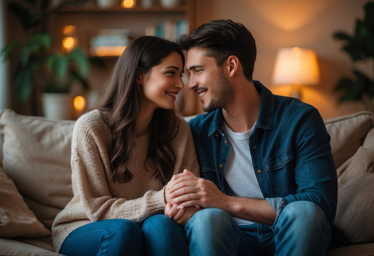 A young couple sitting closely on a couch, holding hands and sharing an intimate moment in a warm living room.