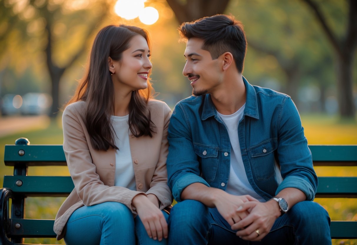 A young couple sitting closely on a park bench, sharing a warm and attentive conversation in a sunlit park.