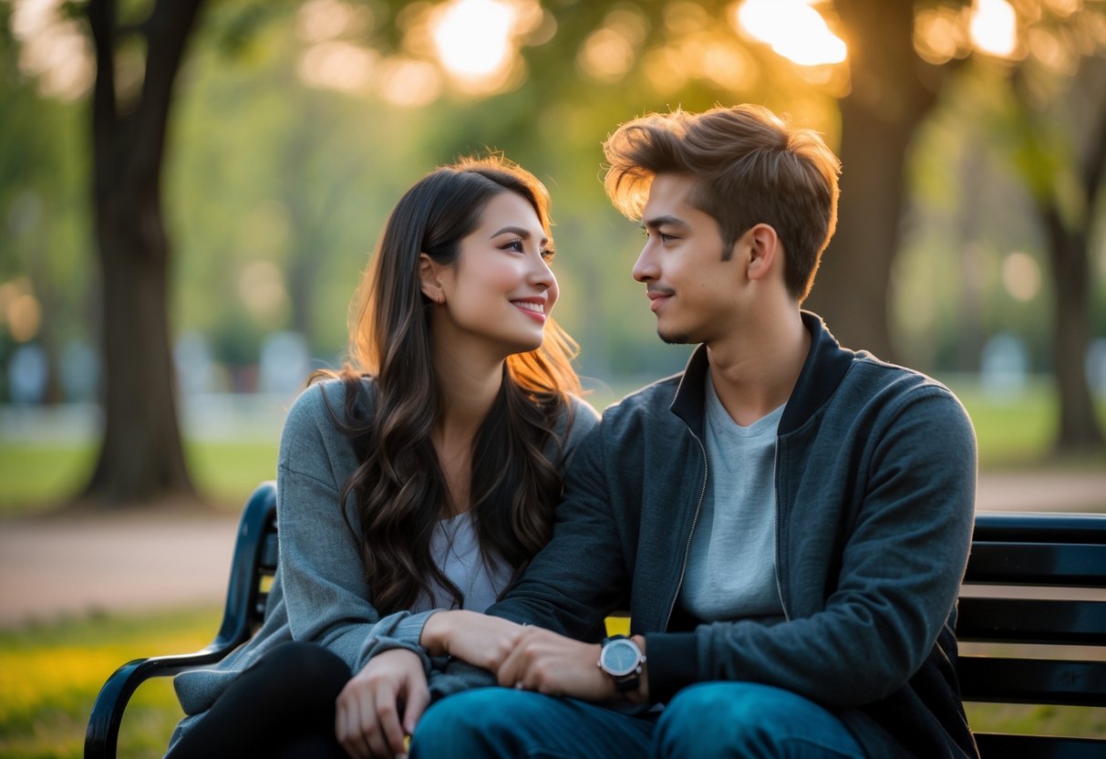 A young couple sitting closely on a park bench, the woman smiling warmly at the man who looks thoughtful and shy.