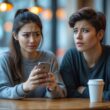 A young woman looking at her phone with a slight smile while a young man looks at her confused and disappointed at a cafe table.