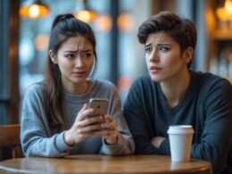 A young woman looking at her phone with a slight smile while a young man looks at her confused and disappointed at a cafe table.