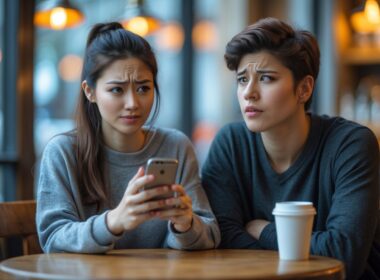 A young woman looking at her phone with a slight smile while a young man looks at her confused and disappointed at a cafe table.