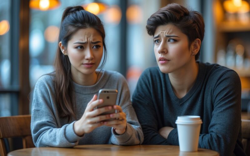 A young woman looking at her phone with a slight smile while a young man looks at her confused and disappointed at a cafe table.