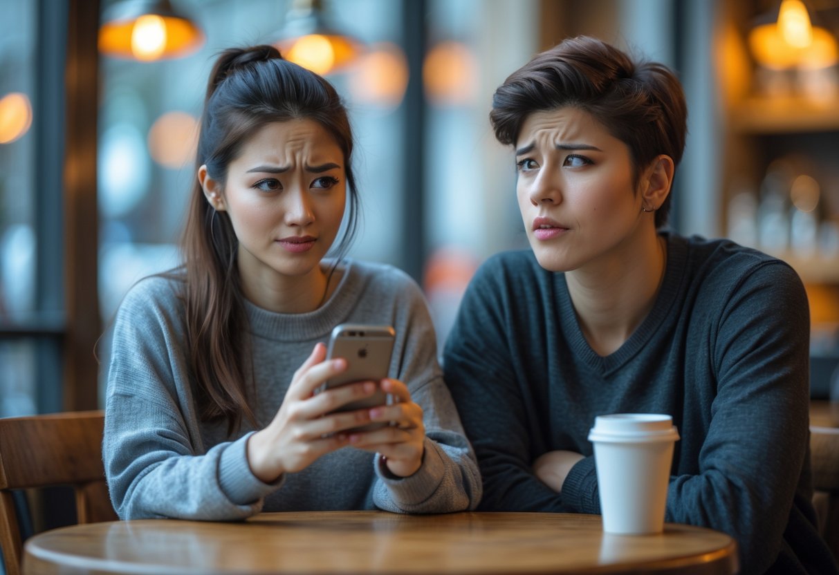 A young woman looking at her phone with a slight smile while a young man looks at her confused and disappointed at a cafe table.