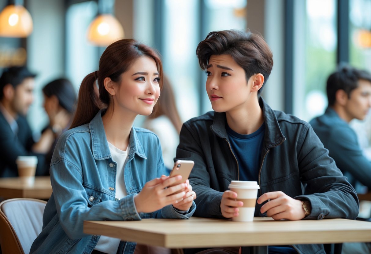 A young woman and man sitting at a cafe table, the woman smiling subtly while looking at her phone, the man looking uncertain.