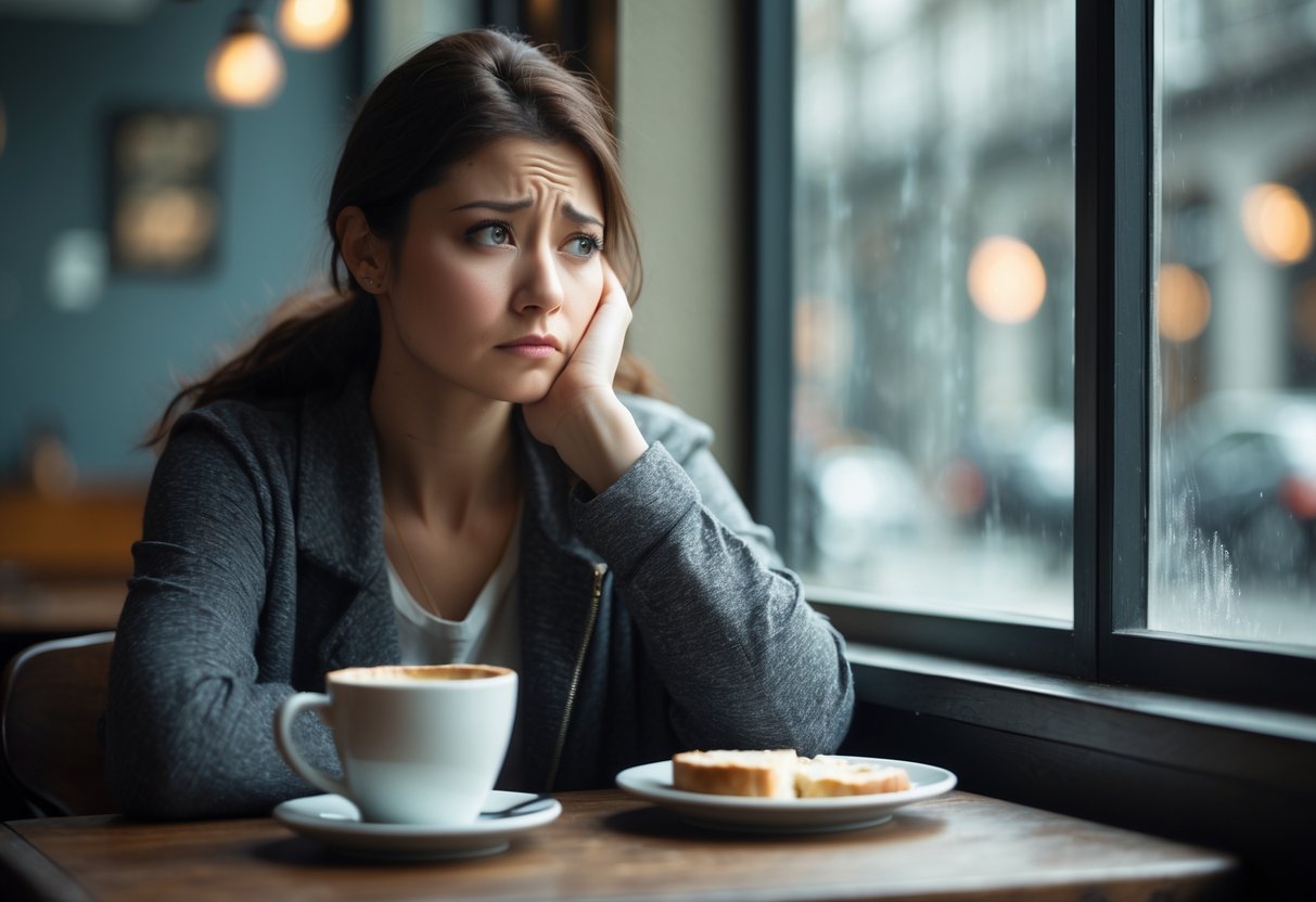 A young woman sitting alone at a café table holding a smartphone, looking thoughtful and slightly sad.