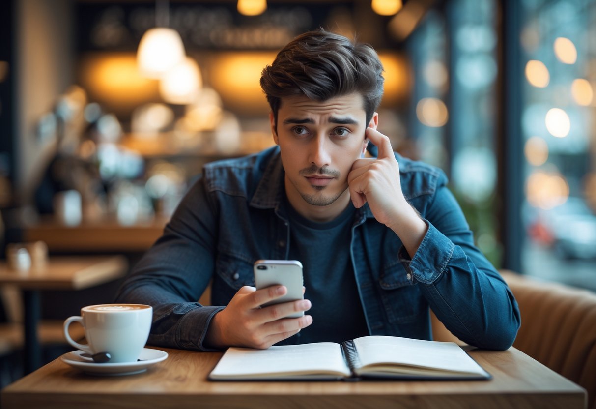 A young man sitting alone at a coffee shop table looking thoughtfully at his smartphone with a cup of coffee and an open notebook nearby.