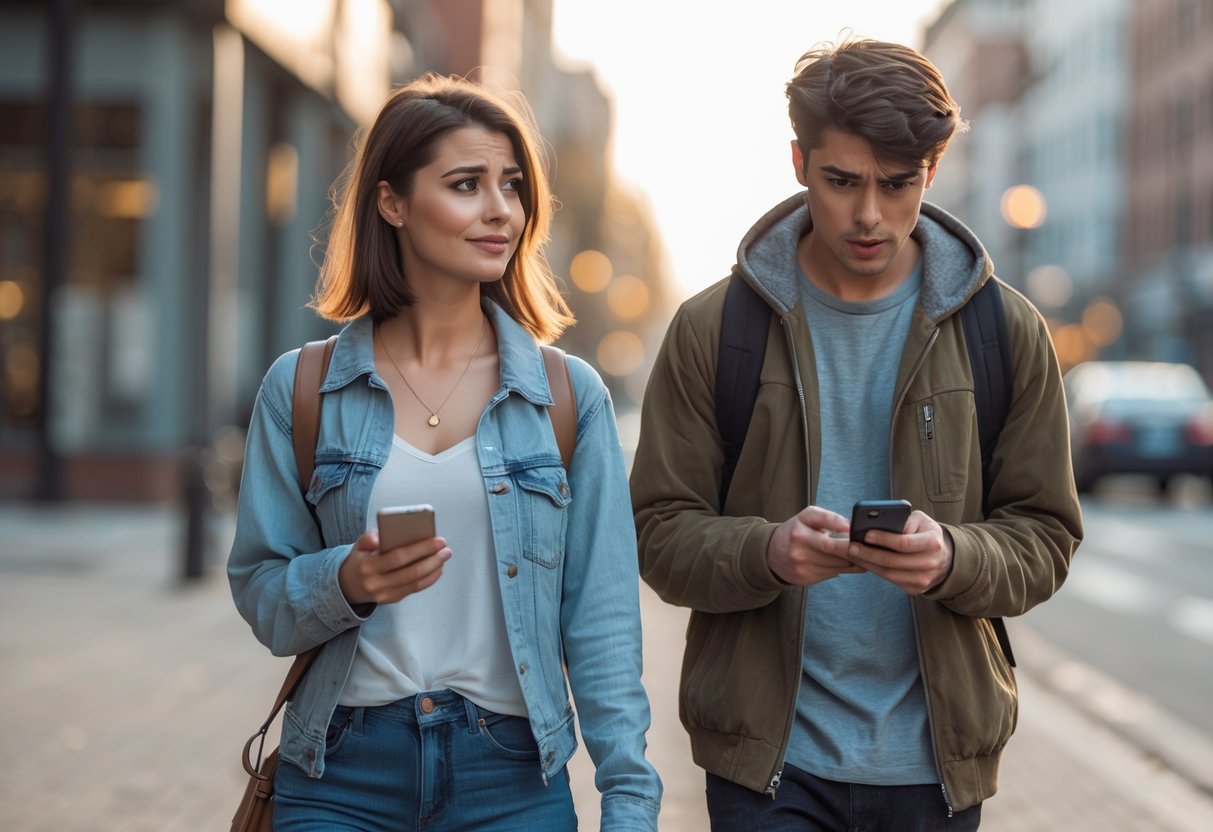 A young woman walking ahead looking back with a subtle smile while a young man follows behind looking at his phone with a confused expression on a city street.