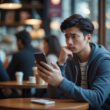 A young adult sitting alone at a café table, looking thoughtfully at their smartphone with a serious expression while others talk in the background.
