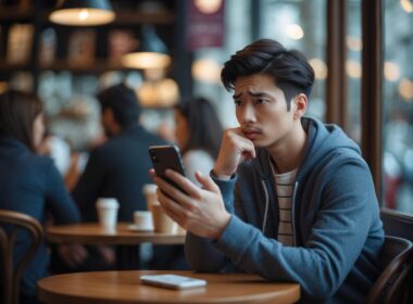 A young adult sitting alone at a café table, looking thoughtfully at their smartphone with a serious expression while others talk in the background.