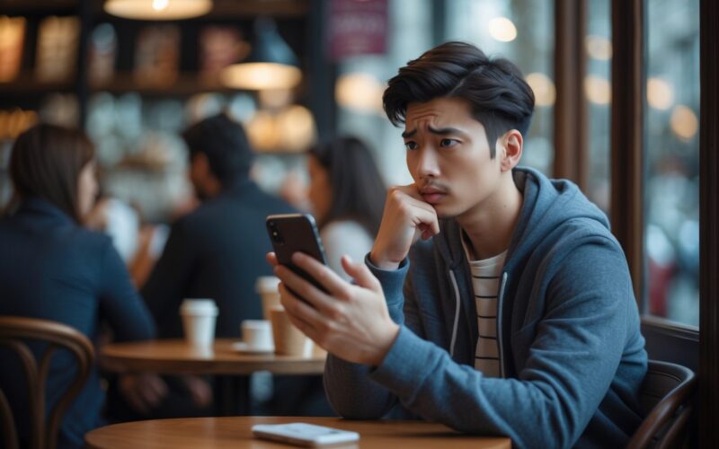 A young adult sitting alone at a café table, looking thoughtfully at their smartphone with a serious expression while others talk in the background.