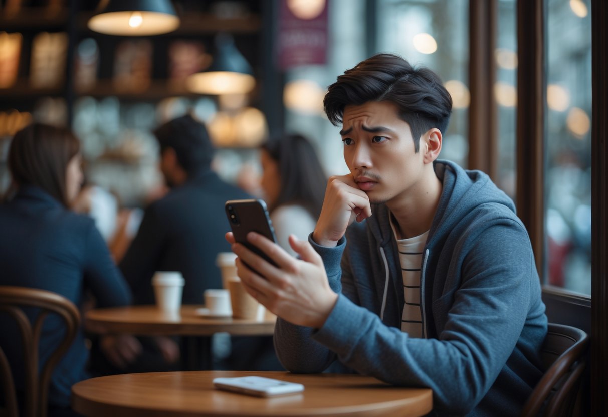 A young adult sitting alone at a café table, looking thoughtfully at their smartphone with a serious expression while others talk in the background.
