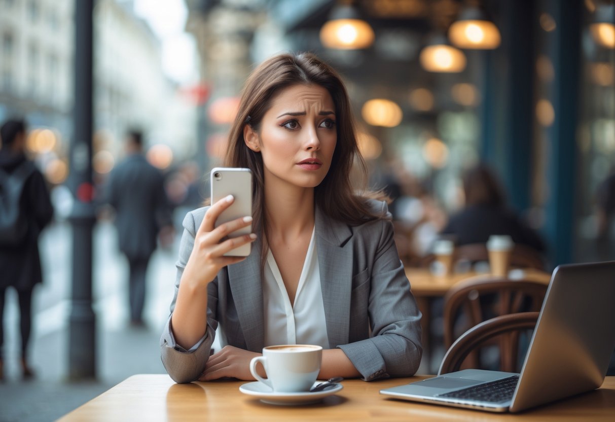 A young woman sitting alone at a café table holding a smartphone, looking thoughtful and slightly disappointed.