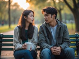 A young man and woman sitting on a park bench, the woman looking away calmly while the man looks at her with a hopeful yet sad expression.