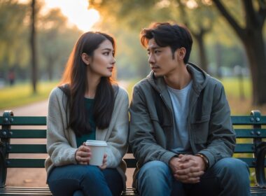 A young man and woman sitting on a park bench, the woman looking away calmly while the man looks at her with a hopeful yet sad expression.