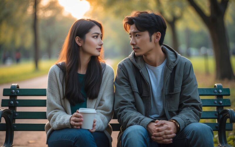 A young man and woman sitting on a park bench, the woman looking away calmly while the man looks at her with a hopeful yet sad expression.