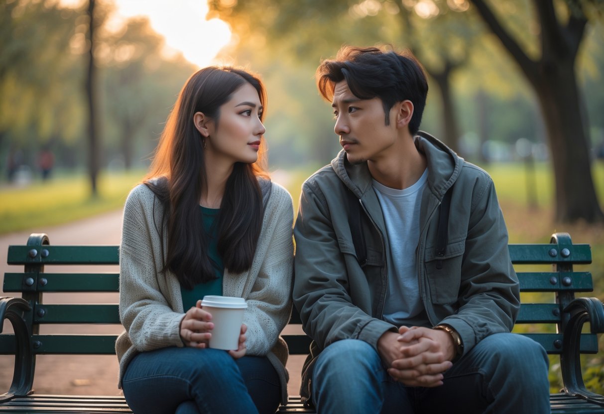 A young man and woman sitting on a park bench, the woman looking away calmly while the man looks at her with a hopeful yet sad expression.