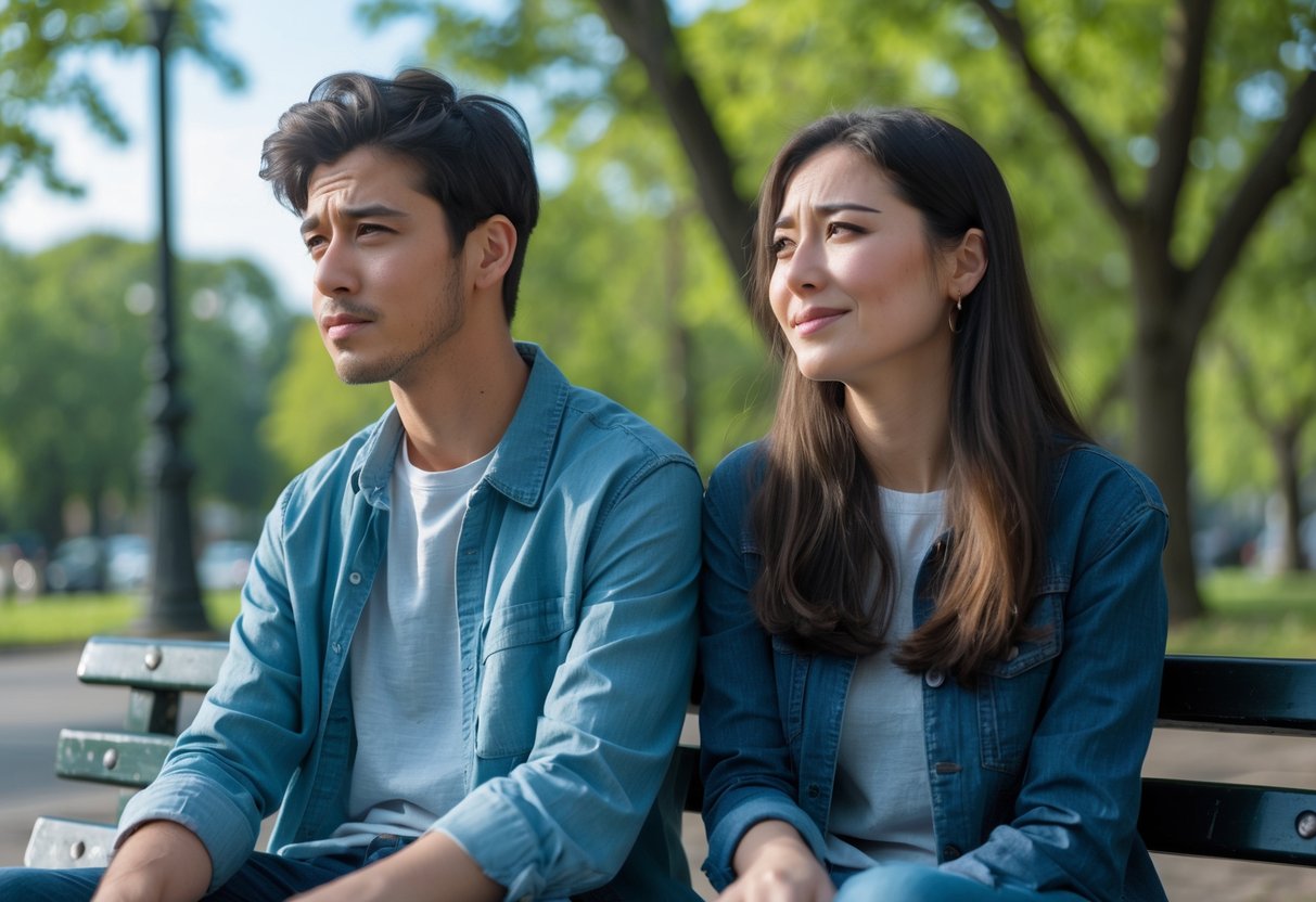 A young man and woman sitting on a park bench, the man looking thoughtful and the woman smiling gently but looking away.