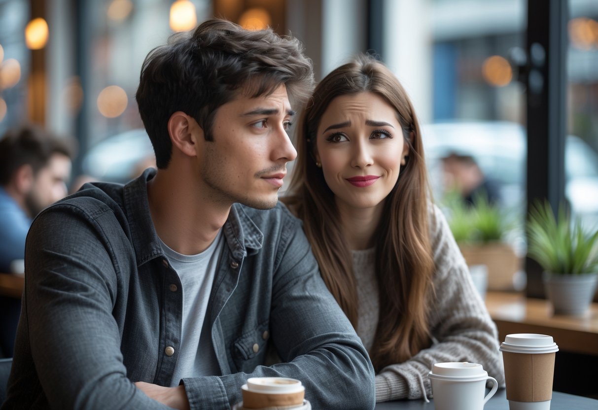 A young man and woman sitting at a coffee shop table, the man looking thoughtful and the woman smiling kindly, suggesting a serious but friendly conversation.