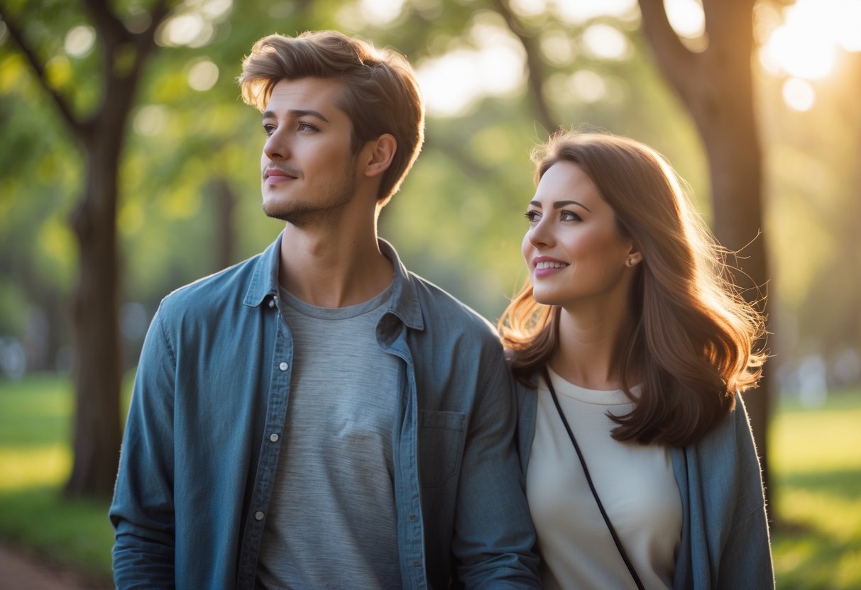 A young man and woman walking together in a park, the man looking thoughtful and the woman smiling supportively as they move forward side by side.