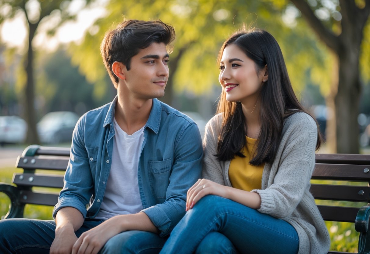 A young man and woman sitting on a park bench, the man looking thoughtful and the woman smiling gently at him.